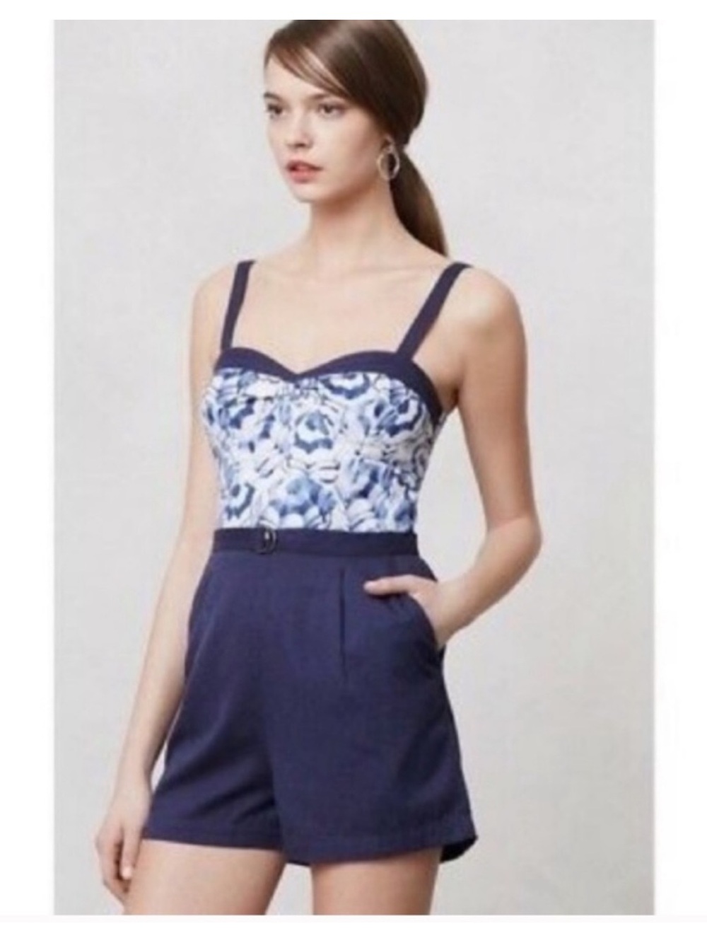 Anthropologie Moulinette Soeurs Romper M Navy Blue Floral Bustier Shorts Pockets